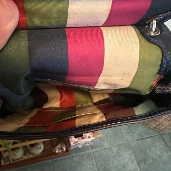 Coach Navy Patent Leather Mini Crossbody Bag With Striped Fabric Lining & Tassel - Picture 4 of 9